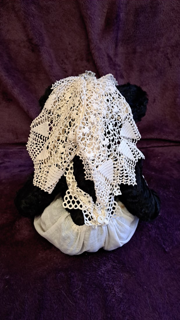 Black Curly Fur Teddy Bear Plush With White Lace Outfit And Gold Bear Foot Charm - 6