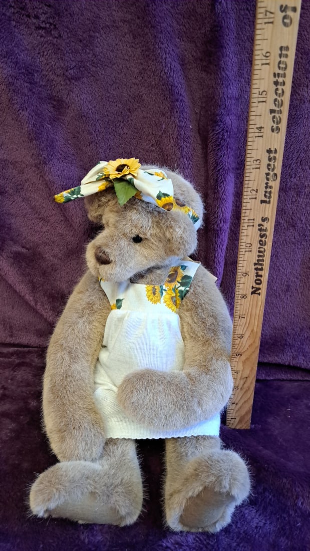 Bella 2/15 Beige Teddy Bear Plush With White Sunflower Overalls And Headband 14 In - 2