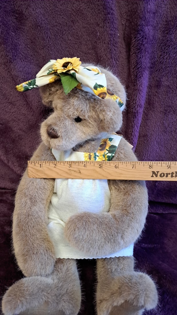 Bella 2/15 Beige Teddy Bear Plush With White Sunflower Overalls And Headband 14 In - 3