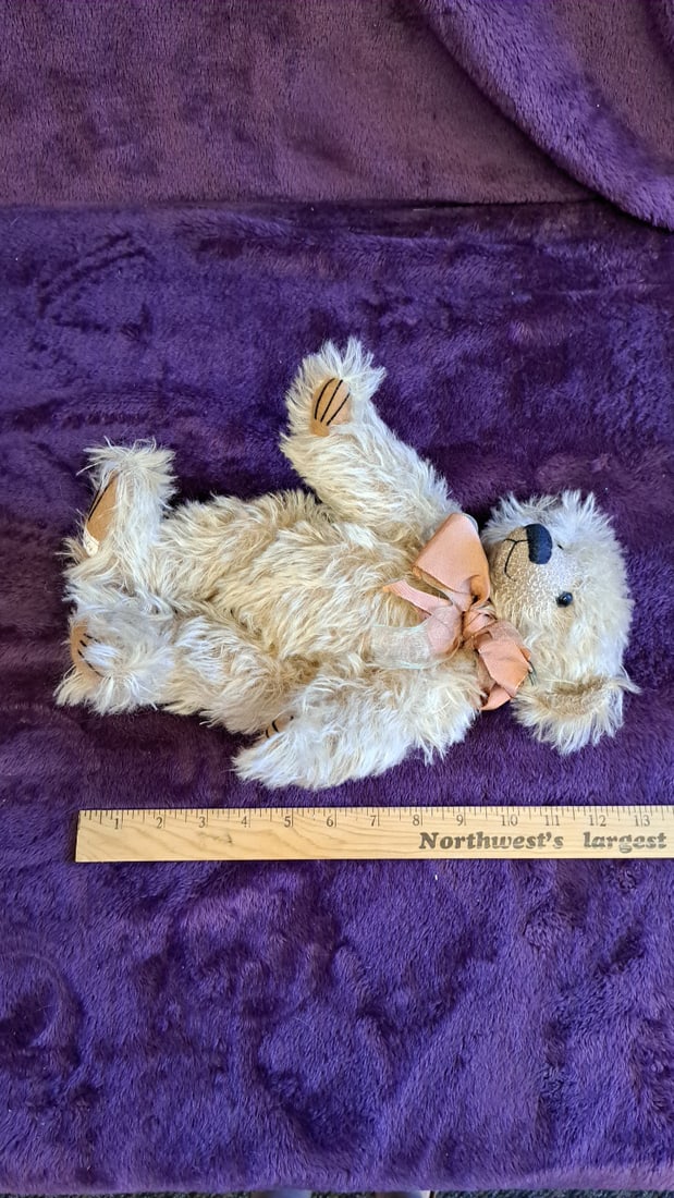 Cream Shaggy Mohair Teddy Bear With Pink Bow And Paw Pads, Approx. 13 In - 2
