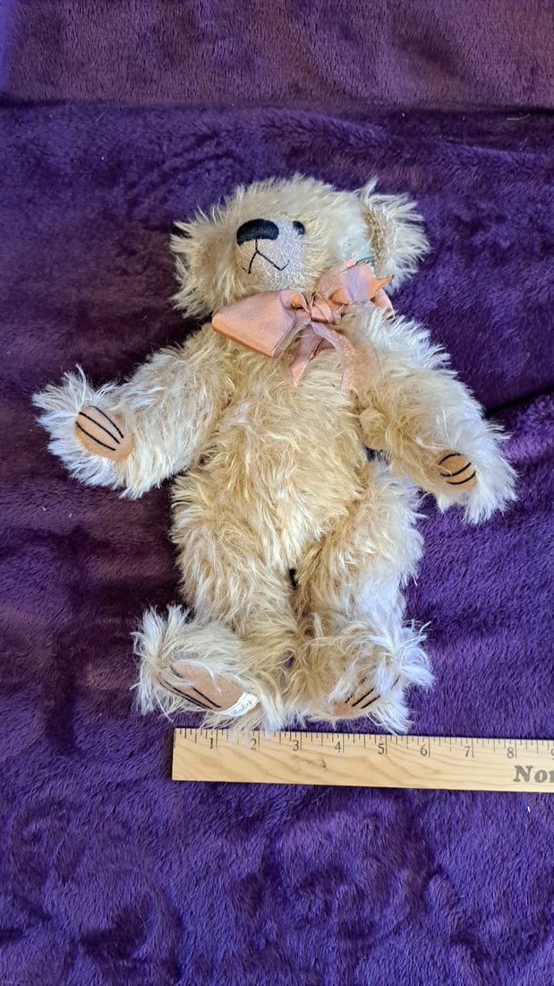 Cream Shaggy Mohair Teddy Bear With Pink Bow And Paw Pads, Approx. 13 In - 3