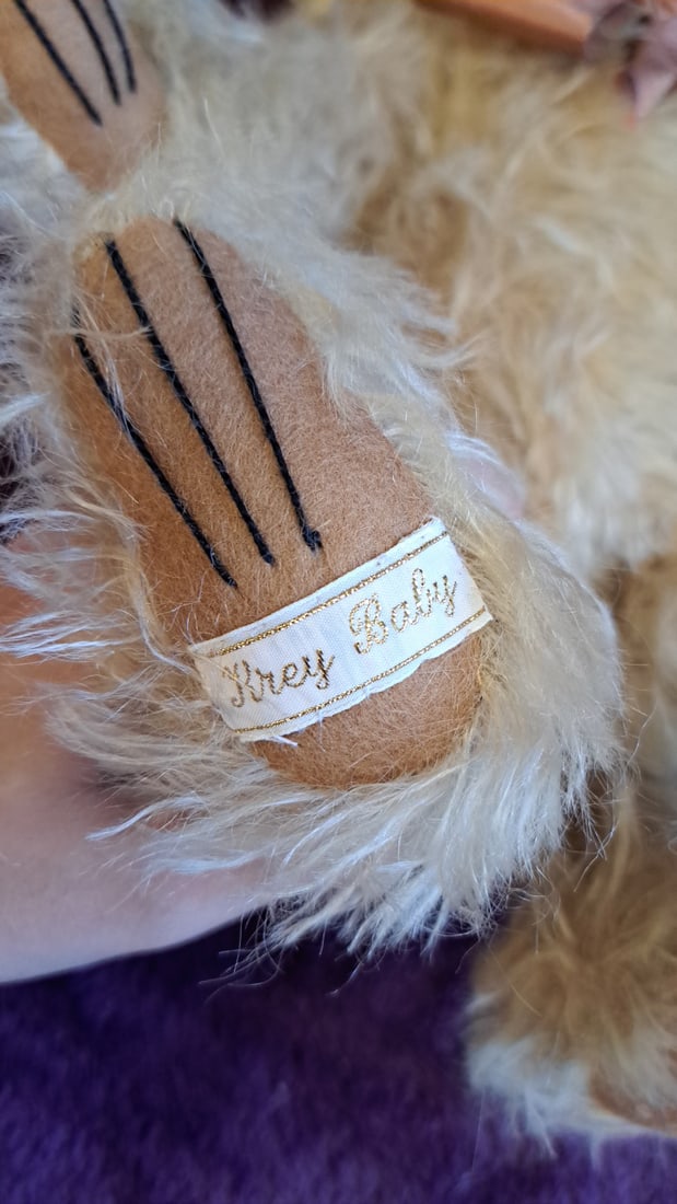 Cream Shaggy Mohair Teddy Bear With Pink Bow And Paw Pads, Approx. 13 In - 4