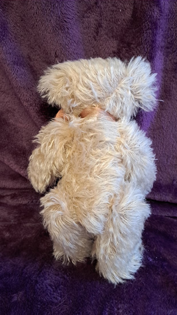 Cream Shaggy Mohair Teddy Bear With Pink Bow And Paw Pads, Approx. 13 In - 9