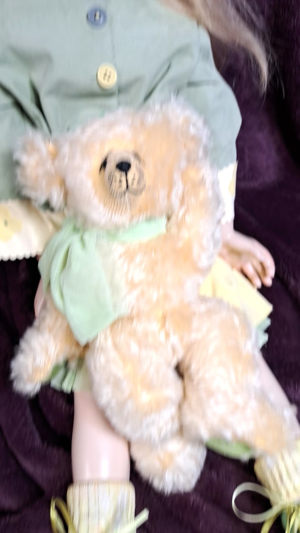 Susan Krey Wax Over Porcelain Blonde Blue-eyed Girl Doll In Mint Green Outfit With Teddy Bear And... - 2