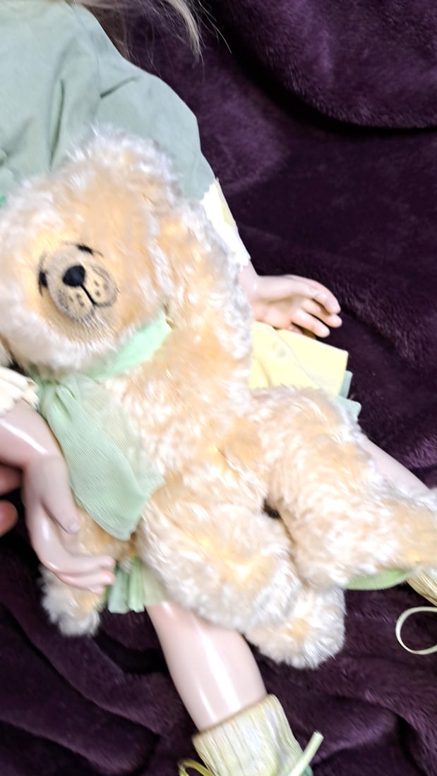 Susan Krey Wax Over Porcelain Blonde Blue-eyed Girl Doll In Mint Green Outfit With Teddy Bear And... - 4