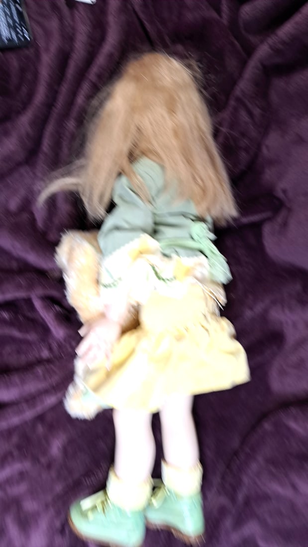 Susan Krey Wax Over Porcelain Blonde Blue-eyed Girl Doll In Mint Green Outfit With Teddy Bear And... - 6