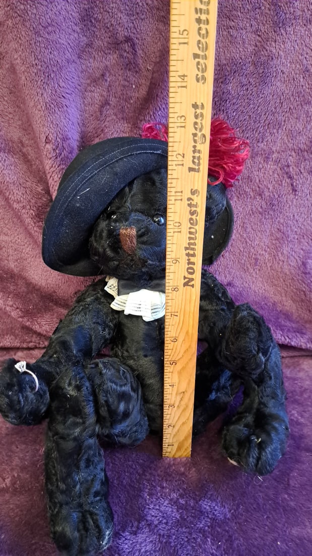 15 In Black Teddy Bear Plush With Black Hat, Red Feather, White Collar & Ring - 2