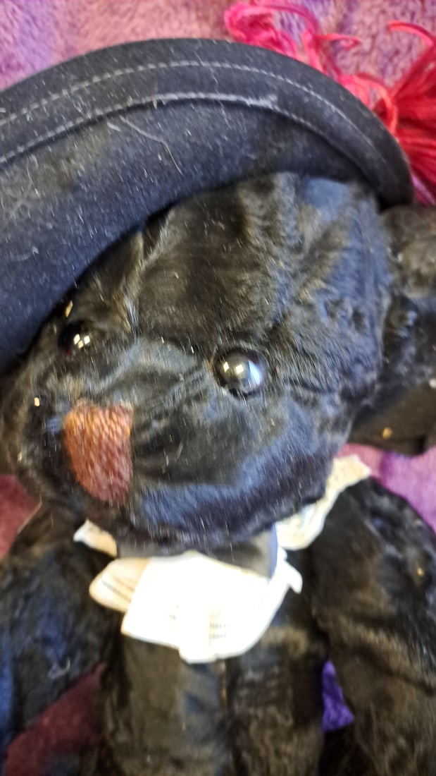 15 In Black Teddy Bear Plush With Black Hat, Red Feather, White Collar & Ring - 3