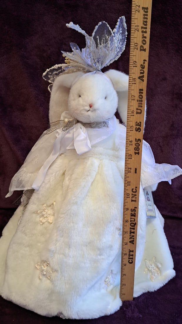 White Plush Bunny Rabbit Doll Faux Fur Snowflake Dress Lace Headpiece 22 In - 2