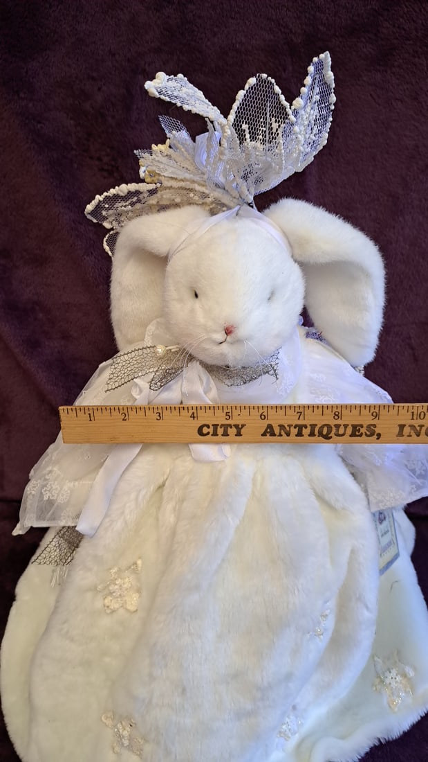 White Plush Bunny Rabbit Doll Faux Fur Snowflake Dress Lace Headpiece 22 In - 3