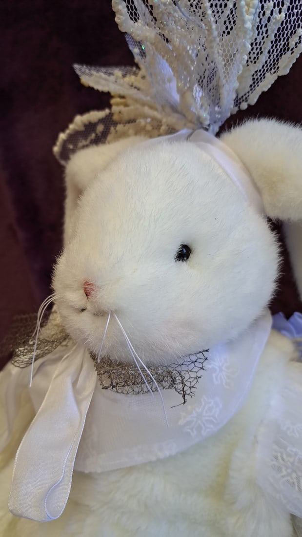 White Plush Bunny Rabbit Doll Faux Fur Snowflake Dress Lace Headpiece 22 In - 7