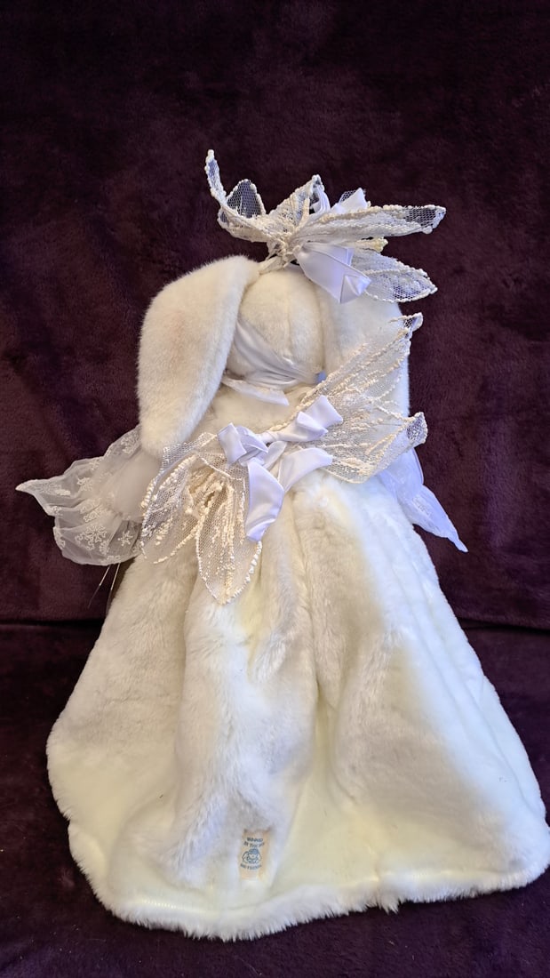 White Plush Bunny Rabbit Doll Faux Fur Snowflake Dress Lace Headpiece 22 In - 9