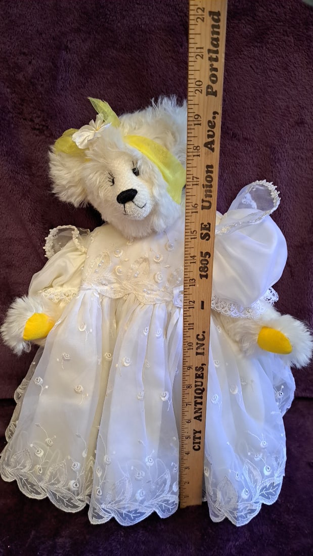 White Plush Teddy Bear In Embroidered Dress With Yellow Accents, Approx. 19 In - 2