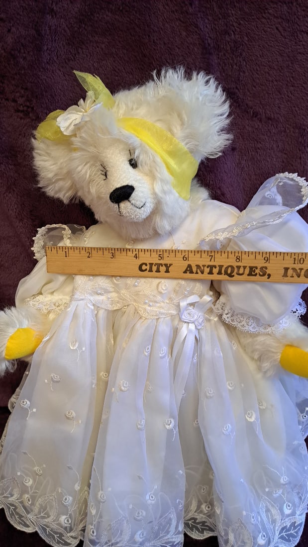 White Plush Teddy Bear In Embroidered Dress With Yellow Accents, Approx. 19 In - 3