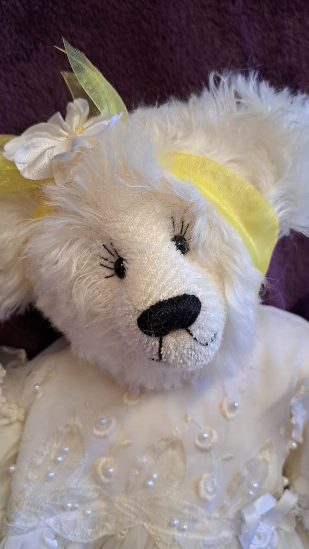White Plush Teddy Bear In Embroidered Dress With Yellow Accents, Approx. 19 In - 4