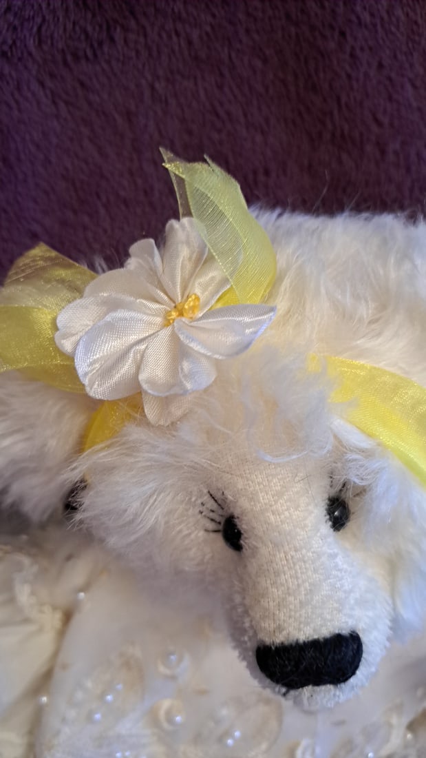 White Plush Teddy Bear In Embroidered Dress With Yellow Accents, Approx. 19 In - 5