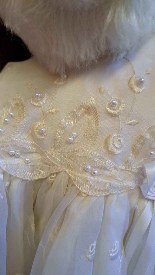 White Plush Teddy Bear In Embroidered Dress With Yellow Accents, Approx. 19 In - 7