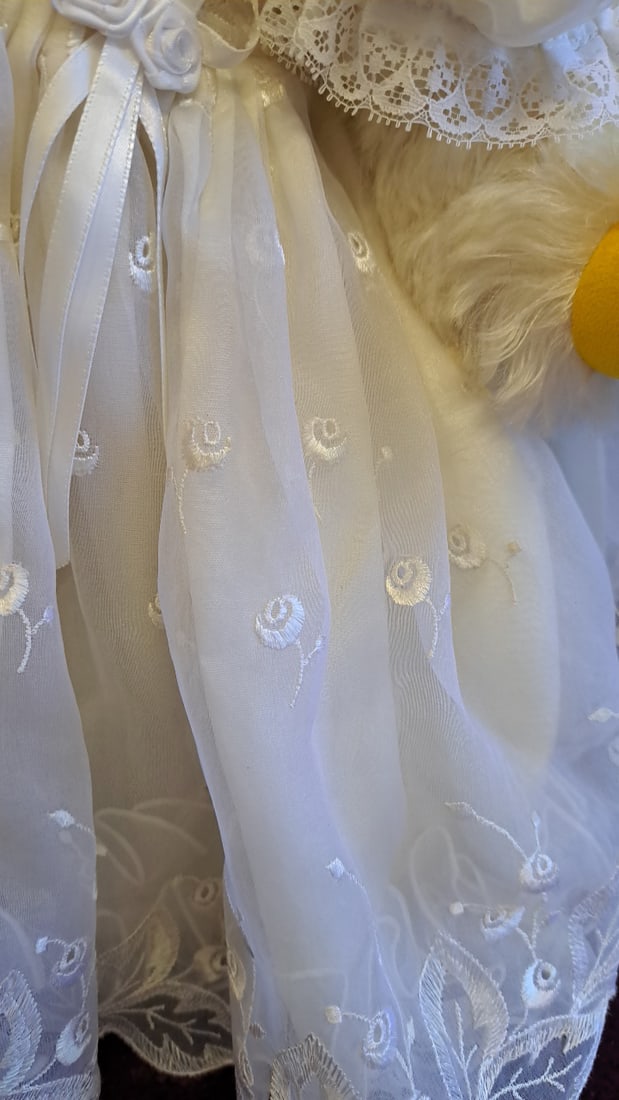 White Plush Teddy Bear In Embroidered Dress With Yellow Accents, Approx. 19 In - 8