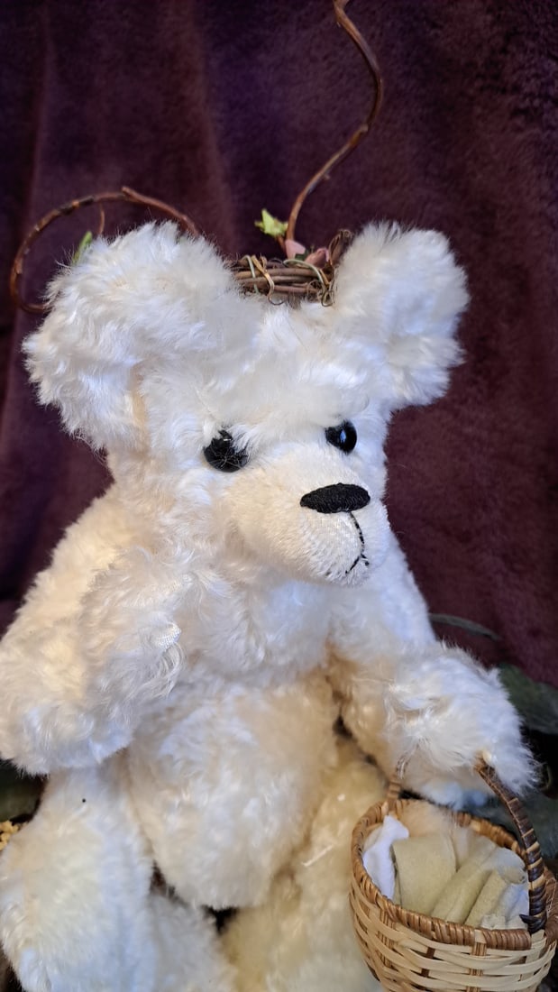 Fairy Garden Diorama White Plush Teddy Bear Miniature Scene Wood Slab Base - 2
