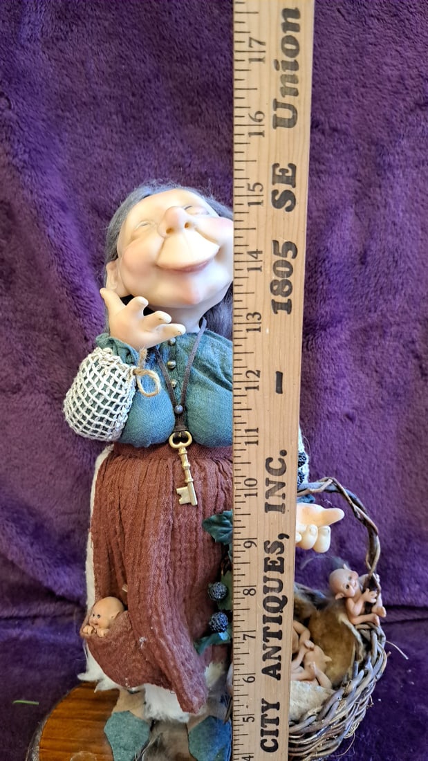 Witch Crone Art Doll Figurine With Basket Of Babies And Key Necklace, 15 In - 2