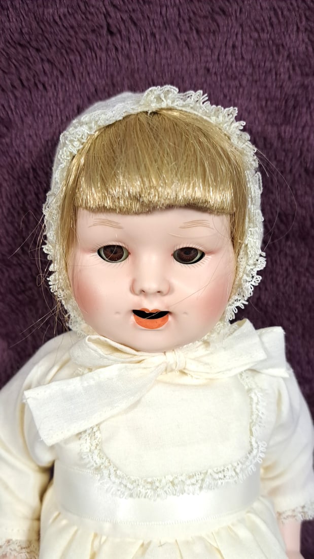 P.M. Grete 3 0 Porcelain Doll With Blonde Hair, Cream Christening Gown And Bonnet - 7
