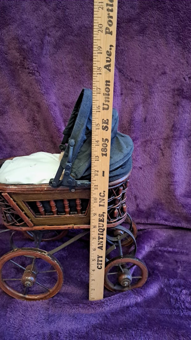 Miniature Wicker Doll Pram Baby Carriage With Teddy Bear, Black Canopy, Wood Wheels - 2