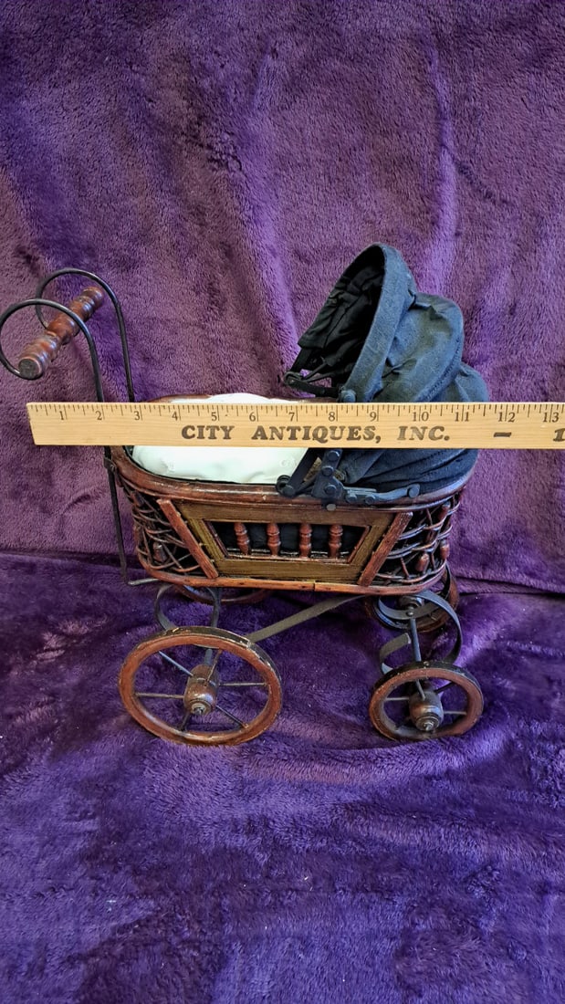 Miniature Wicker Doll Pram Baby Carriage With Teddy Bear, Black Canopy, Wood Wheels - 3