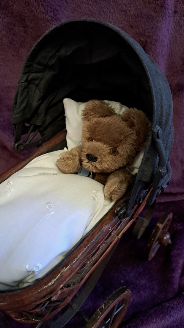 Miniature Wicker Doll Pram Baby Carriage With Teddy Bear, Black Canopy, Wood Wheels - 4
