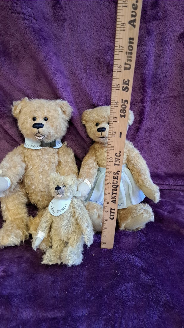 Set Of 3 Jointed Beige Mohair Teddy Bears, Daddy/mama/baby, Up To 14 In - 2