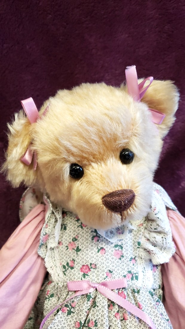 Mary Holstad Signed Tan Teddy Bear Plush With Floral Dress And Pink Ribbons - 2