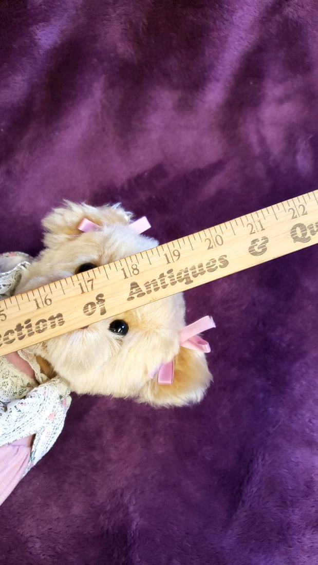 Mary Holstad Signed Tan Teddy Bear Plush With Floral Dress And Pink Ribbons - 3