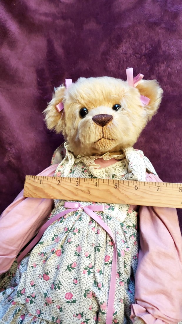Mary Holstad Signed Tan Teddy Bear Plush With Floral Dress And Pink Ribbons - 4