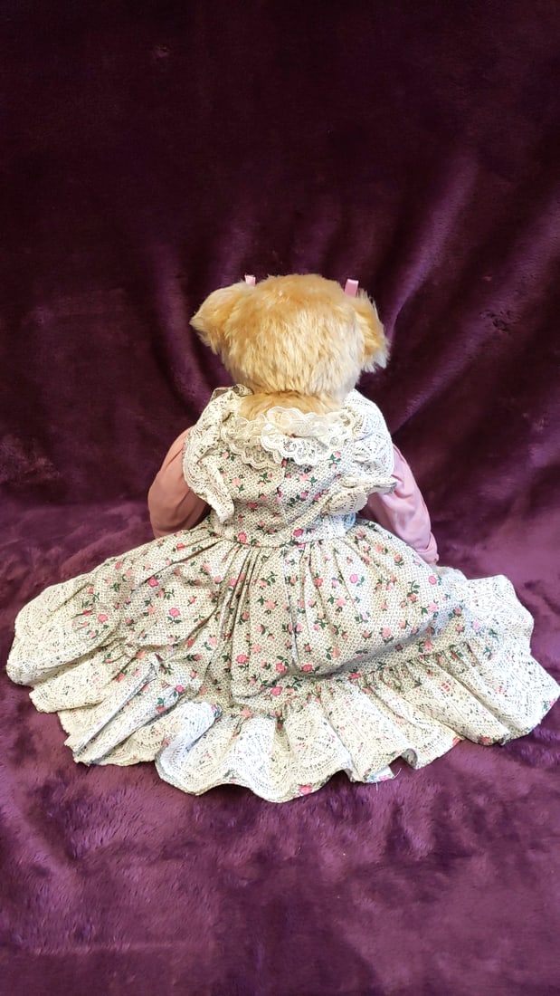 Mary Holstad Signed Tan Teddy Bear Plush With Floral Dress And Pink Ribbons - 7