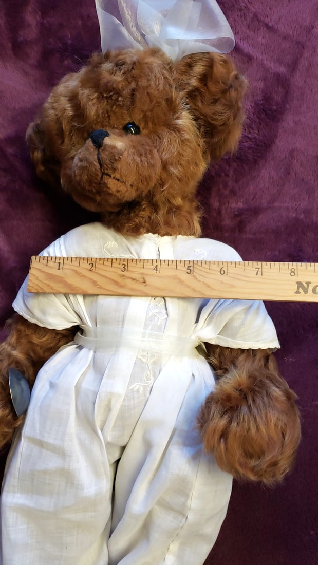 Mary Holstad Brown Curly Plush Teddy Bear With White Embroidered White Romper And Bow, Approx. 21... - 3