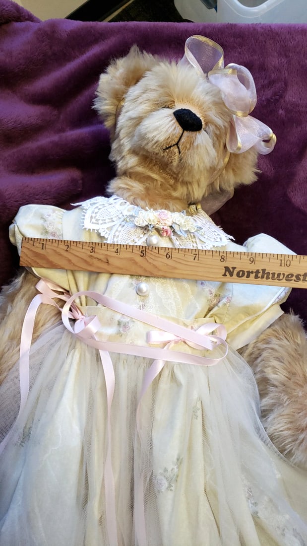 Ann Inman Tan Teddy Bear Plush In Cream Floral Lace Dress With Pink Bow, Approx. 28 In - 3
