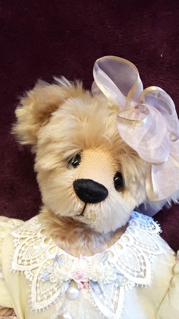 Ann Inman Tan Teddy Bear Plush In Cream Floral Lace Dress With Pink Bow, Approx. 28 In - 4