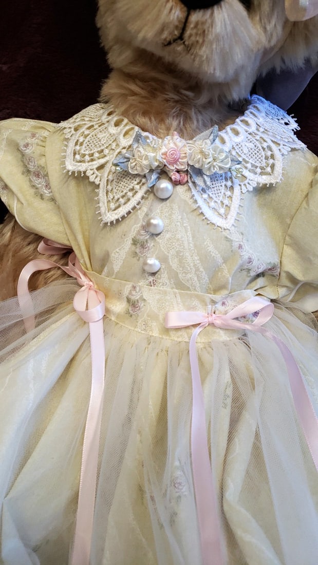 Ann Inman Tan Teddy Bear Plush In Cream Floral Lace Dress With Pink Bow, Approx. 28 In - 5