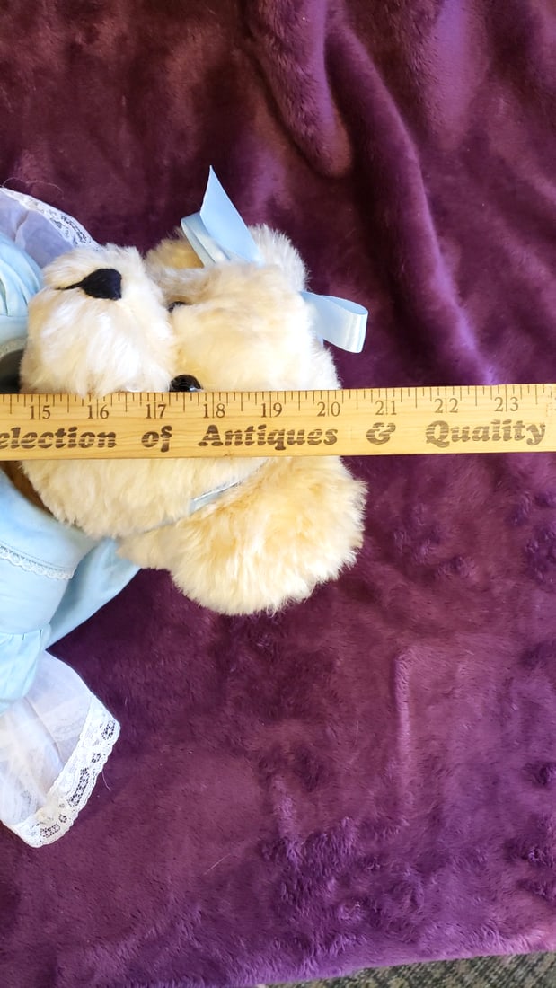 Nancy Rygg Original Blonde Mohair Teddy Bear In Blue Dress With Bow & Tag - 2