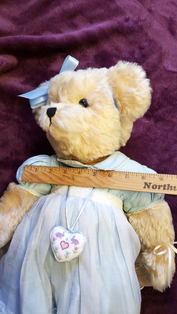 Nancy Rygg Original Blonde Mohair Teddy Bear In Blue Dress With Bow & Tag - 3