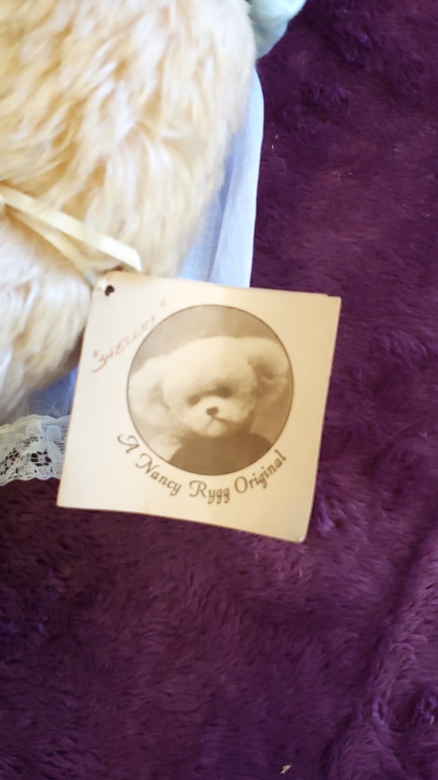 Nancy Rygg Original Blonde Mohair Teddy Bear In Blue Dress With Bow & Tag - 4
