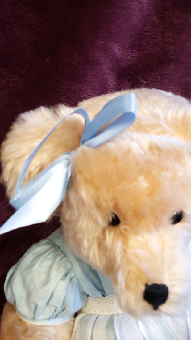 Nancy Rygg Original Blonde Mohair Teddy Bear In Blue Dress With Bow & Tag - 7