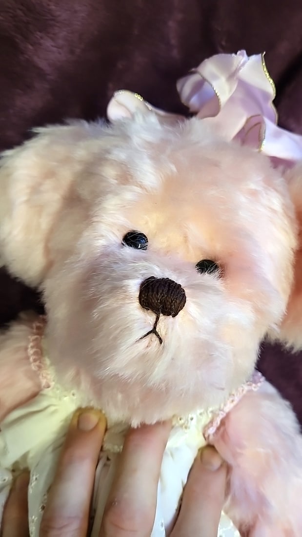 Geneva Wrad Pink Plush Artist Bear Stuffed Animal With White Eyelet Dress And Pink Bow - 5