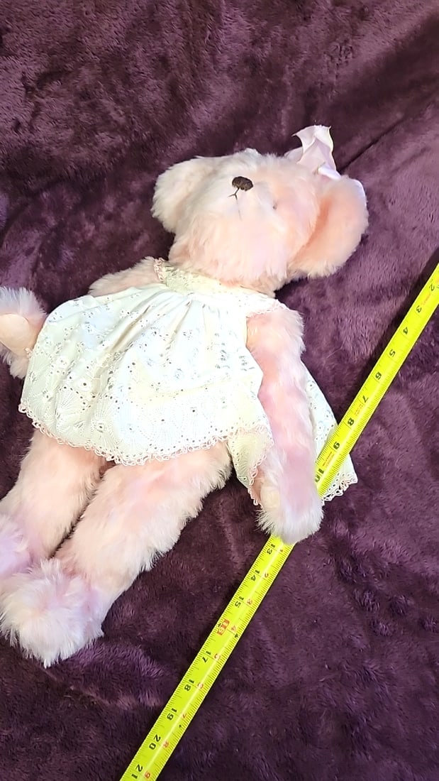 Geneva Wrad Pink Plush Artist Bear Stuffed Animal With White Eyelet Dress And Pink Bow - 7
