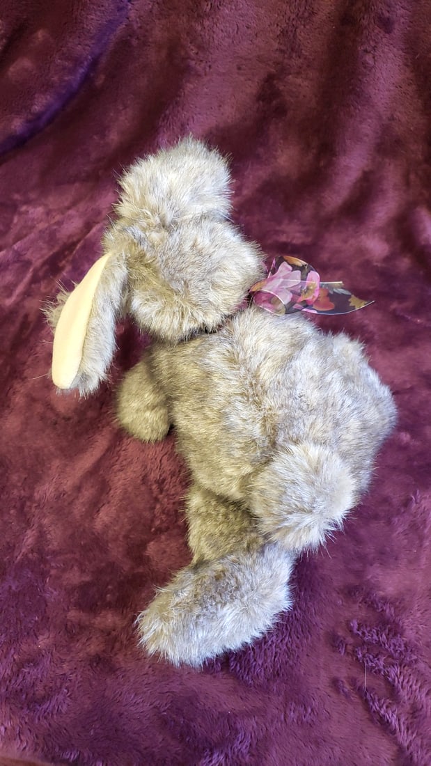 Gray Plush Rabbit Bunny With Floral Sheer Ribbon Bow, Approx. 13 In - 5
