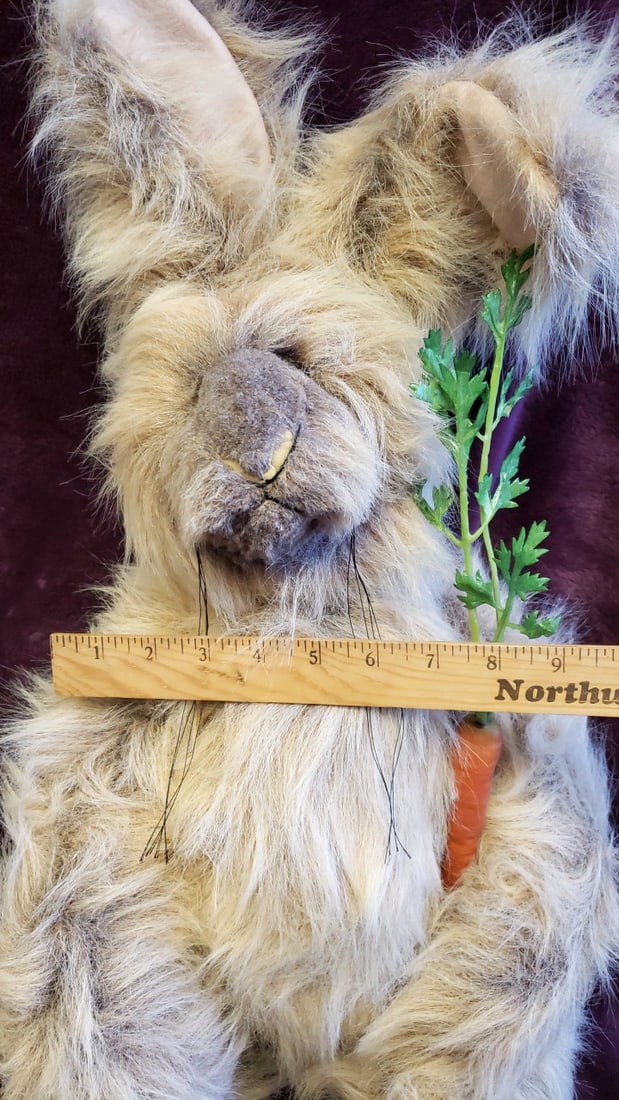 Kimbearlys Tan Long-fur Plush Bunny Rabbit Trooper No. 450 Holding Carrot , Approx. 25 In - 3