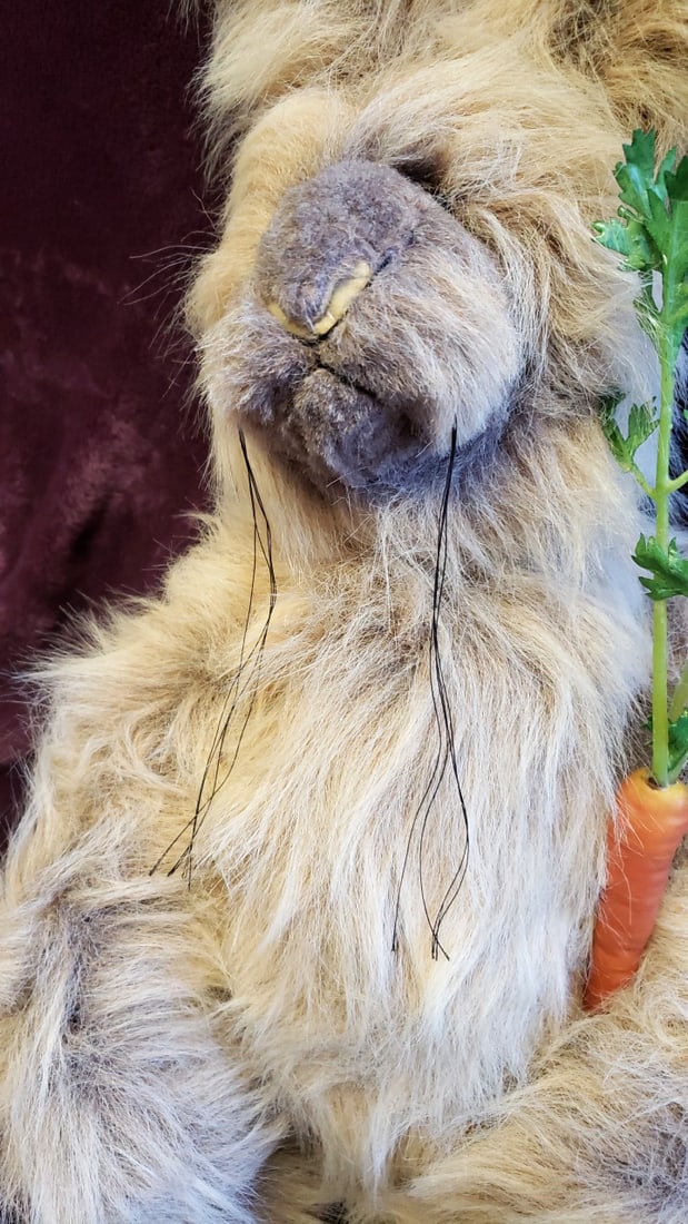 Kimbearlys Tan Long-fur Plush Bunny Rabbit Trooper No. 450 Holding Carrot , Approx. 25 In - 6