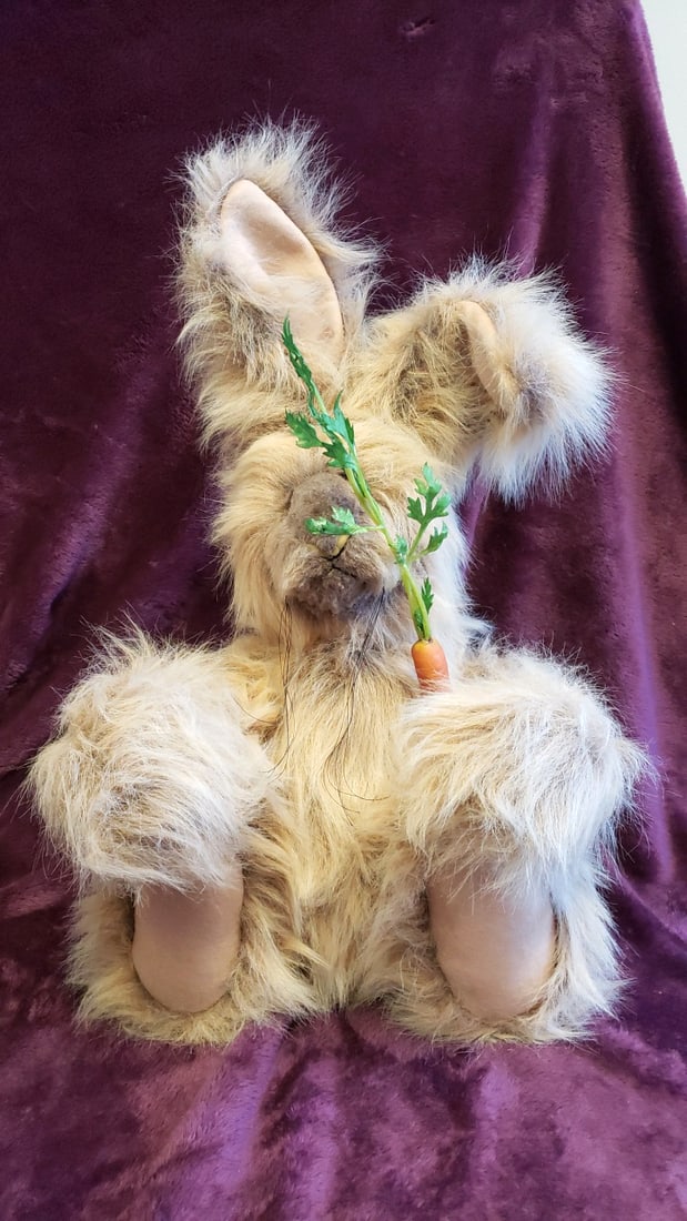 Kimbearlys Tan Long-fur Plush Bunny Rabbit Trooper No. 450 Holding Carrot , Approx. 25 In - 7