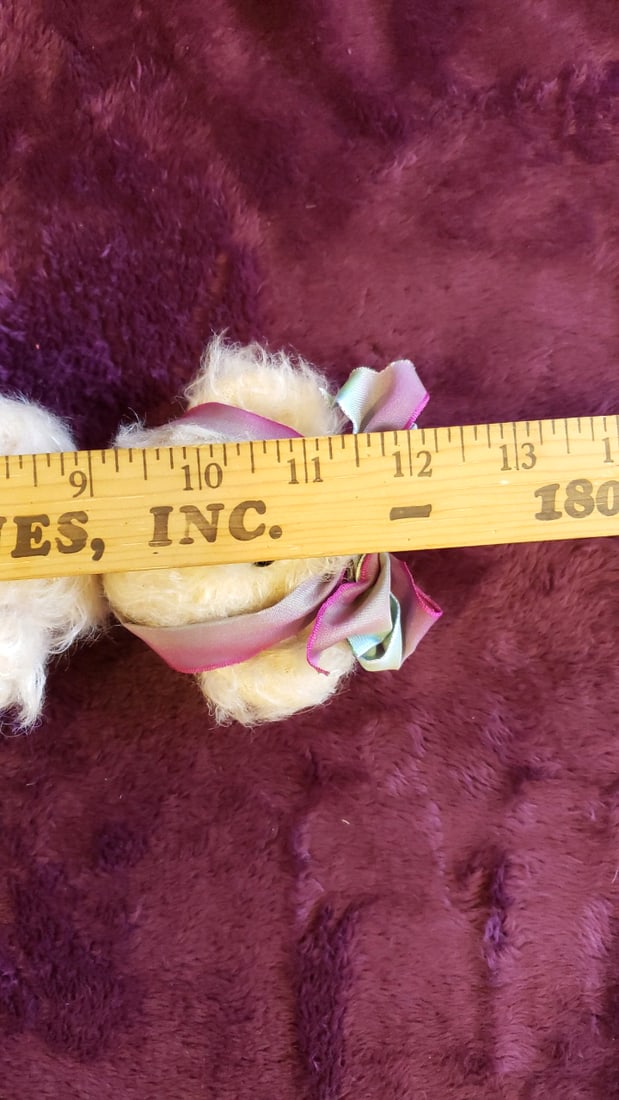 Cream Plush Teddy Bear With Pink Blue Satin Bow, Signed Paw Pad, 12 In - 2