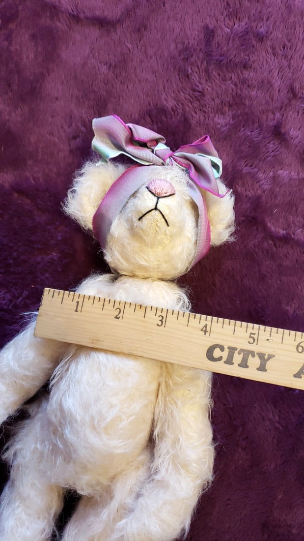 Cream Plush Teddy Bear With Pink Blue Satin Bow, Signed Paw Pad, 12 In - 3