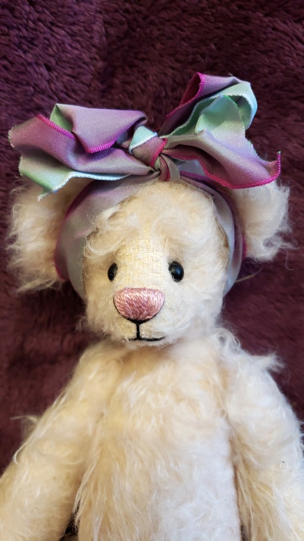 Cream Plush Teddy Bear With Pink Blue Satin Bow, Signed Paw Pad, 12 In - 4
